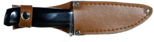 Ein schwarzes Messer mit einem braunen Lederetui, teilweise darin eingeschoben.