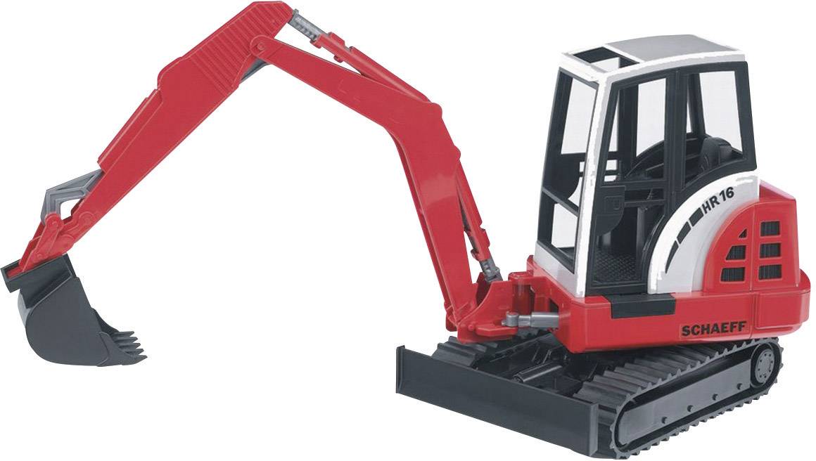 Ein rotes Spielzeugbagger-Modell mit Kettenantrieb und beweglichem Arm. Es hat eine Schaufel vorne und ein detailliertes Führerhaus.