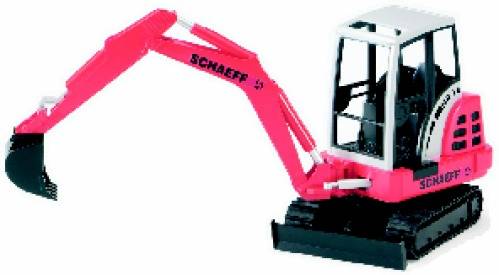 Ein pinker Spielzeugbagger mit schwarzen Ketten und silbernem Fahrerhaus. Der Schriftzug 'Schaeff' ist auf dem Arm zu sehen.