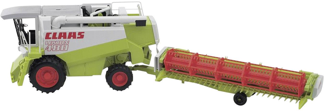 Ein grüner und roter Mähdrescher-Spielzeug mit der Aufschrift 'CLAAS LEXION 480' auf der Seite.