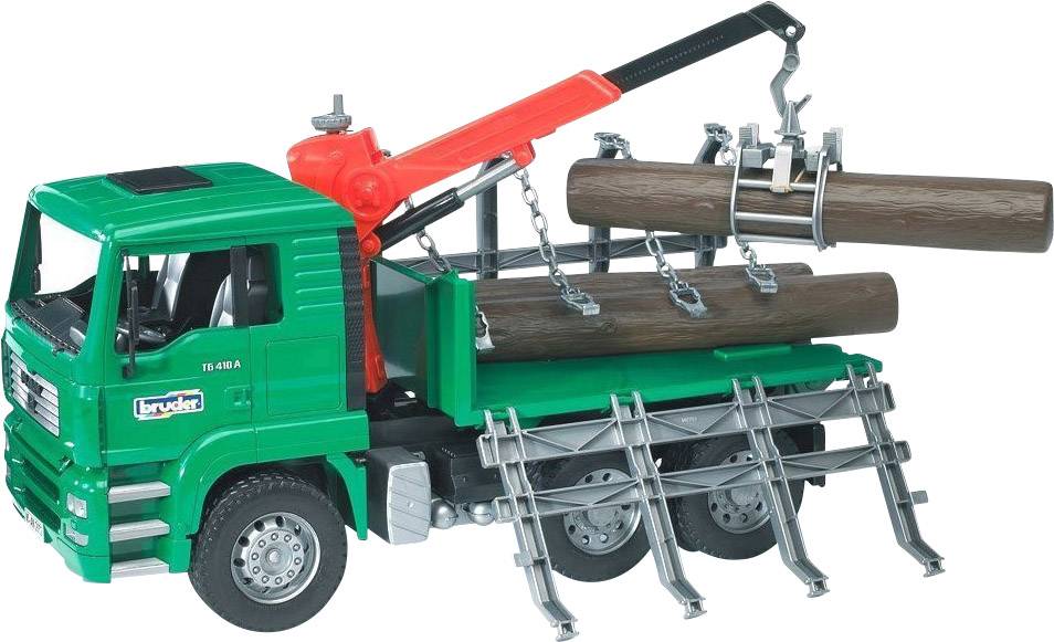 Spielzeug-LKW mit grünem Fahrerhaus und rotem Kran, der Holzstämme hebt. Modellfahrzeug für Kinder zum Spielen und Lernen.