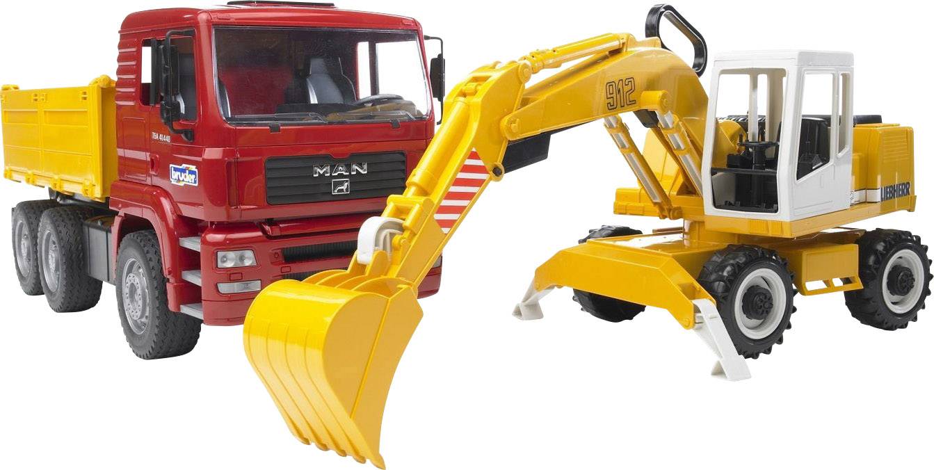 Ein roter Lkw und ein gelber Bagger sind Spielzeugmodelle. Der Lkw hat eine gelbe Ladefläche, der Bagger hat bewegliche Teile.