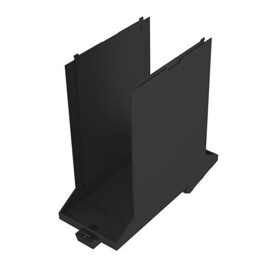 Schwarzer, rechteckiger, vertikaler Kunststoffhalter für Geräte. Funktioniert als Stand oder Schutzgehäuse.