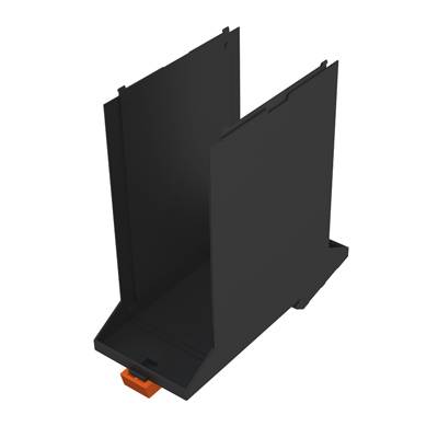 Schwarze Kunststoffhalterung mit orangefarbenem Clip an der Basis, dient zur Stabilisierung oder Befestigung von Gegenständen.