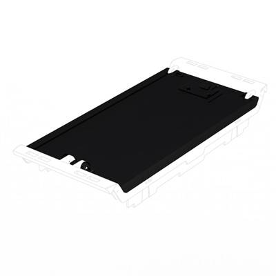 Ein schwarzes Kunststofftablet, das in einen weißen Rahmen eingesetzt ist. Die Abbildung zeigt das Tablet von oben.