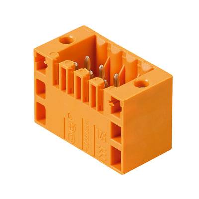Orange plastic connector with eight metal pins, suitable for electronic connections.