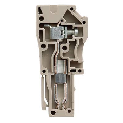 Ein Querschnitt eines grauen elektrischen Klemmenblocks, der interne Metallkomponenten und Anschlusspunkte zeigt.