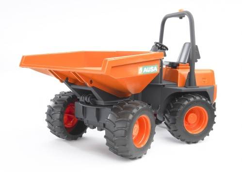 Ein orangefarbener Spielzeugdumper mit großen Reifen und einem Kippbehälter, abgebildet auf einem weißen Hintergrund.