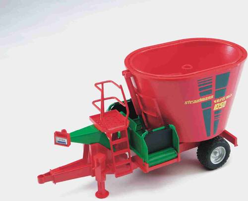 Roter Futtermischwagen mit grünem Rahmen und Treppe, ein landwirtschaftliches Gerät zur Fütterung von Vieh.