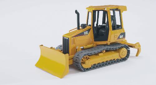 Ein gelber Spielzeug-Bulldozer mit schwarzem Dach und Kettenrädern auf weißem Hintergrund.