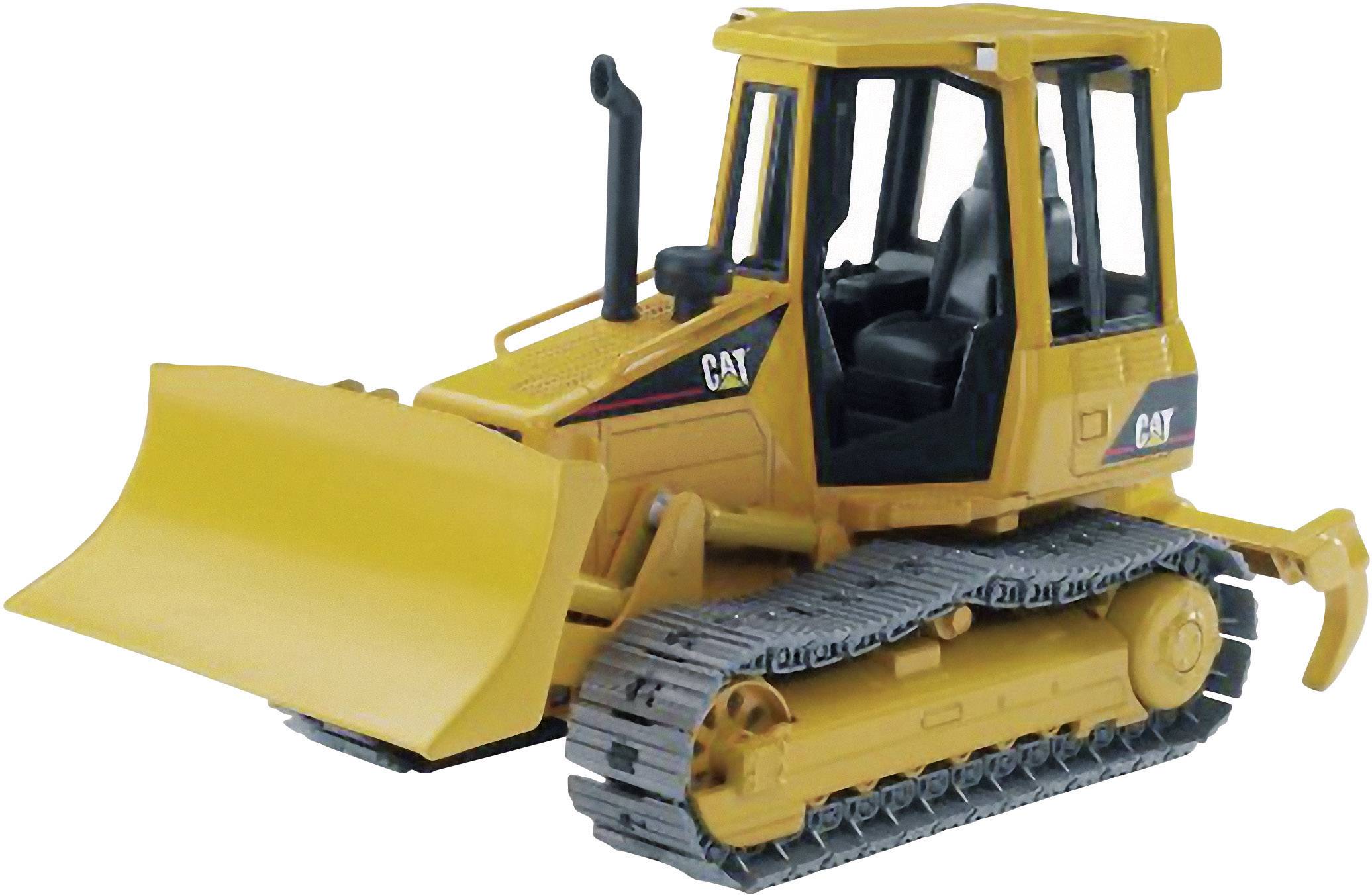 Ein gelber Spielzeug-Bulldozer mit Ketten und Schaufel, auf weißem Hintergrund.