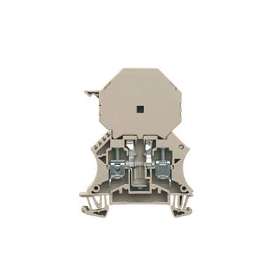 Klemmenblock in neutraler Farbe, zentraler Metallmechanismus sichtbar. Verwendet in elektrischen Schaltkreisen zur Kabelverbindung.