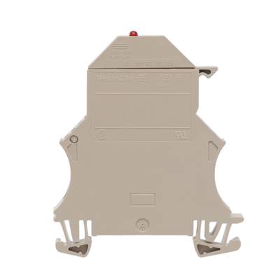 Ein beige-farbenes, rechteckiges elektronisches Gerät von Weidmüller zur Hutschienenmontage, erkennbar an den Gehäuseschienen.