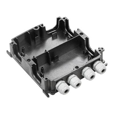 Gehäuse aus schwarzem Kunststoff mit vier Kabeldurchführungen auf einer Seite, geeignet zur Befestigung und zum Schutz elektrischer Bauteile.