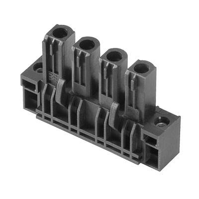 Black electrical terminal block with four vertical slots, side holes for mounting, suitable for cable connections.