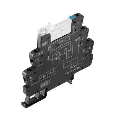 Ein schwarzer elektrischer Relaisadapter, mit Beschriftungen und Schaltschemata, dient zum Verbinden von Komponenten in elektrischen Schaltungen.