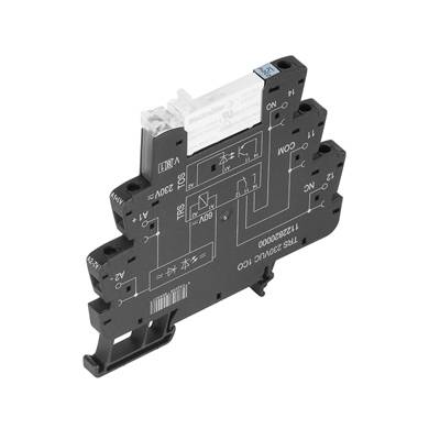 Schwarzer DIN-Schienenhalter mit mehreren Anschlussklemmen und aufgedruckten elektrischen Schaltplänen; für Verdrahtung in Schaltschränken.