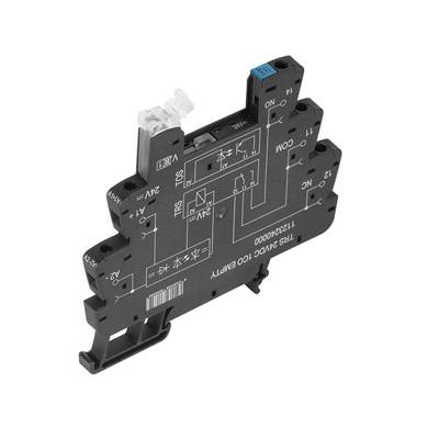 Schwarzes elektrisches Relaismodul mit mehreren Anschlüssen und aufgedruckter Schaltzeichnung für Verbindung und Steuerung.