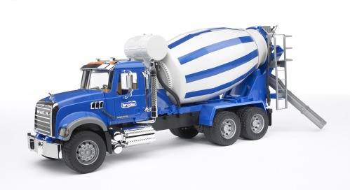 Ein blauer Betonmischer-LKW mit weiß-blau gestreifter Trommel steht auf weißem Hintergrund.