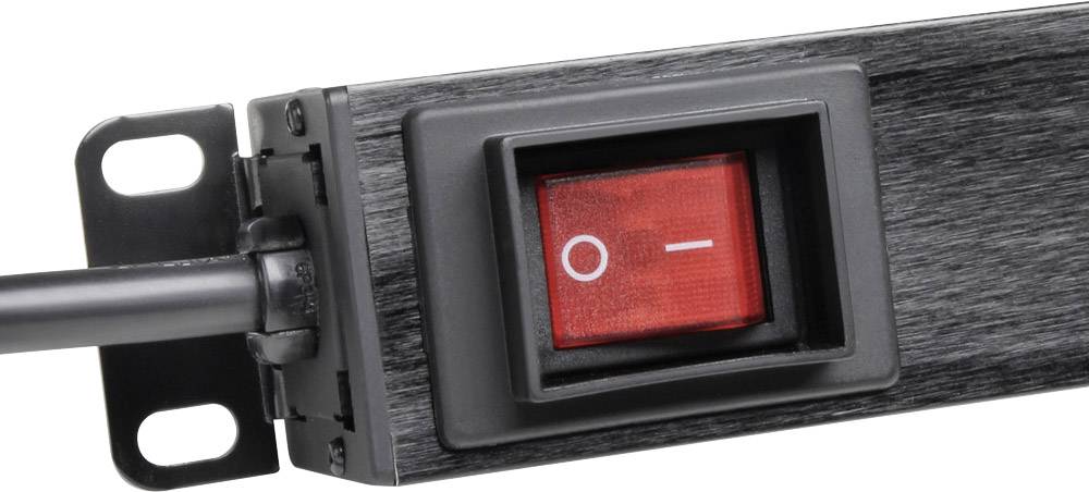 Roter Kippschalter mit Ein- und Ausschaltoptionen auf einer schwarzen Leiste, verbunden mit einem Kabel.