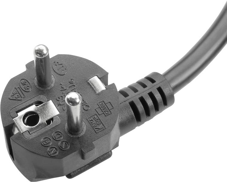 Schwarzer europäischer Netzstecker mit zwei runden Stiften und einem Schutzkontakt, verbunden mit einem schwarzen Kabel.