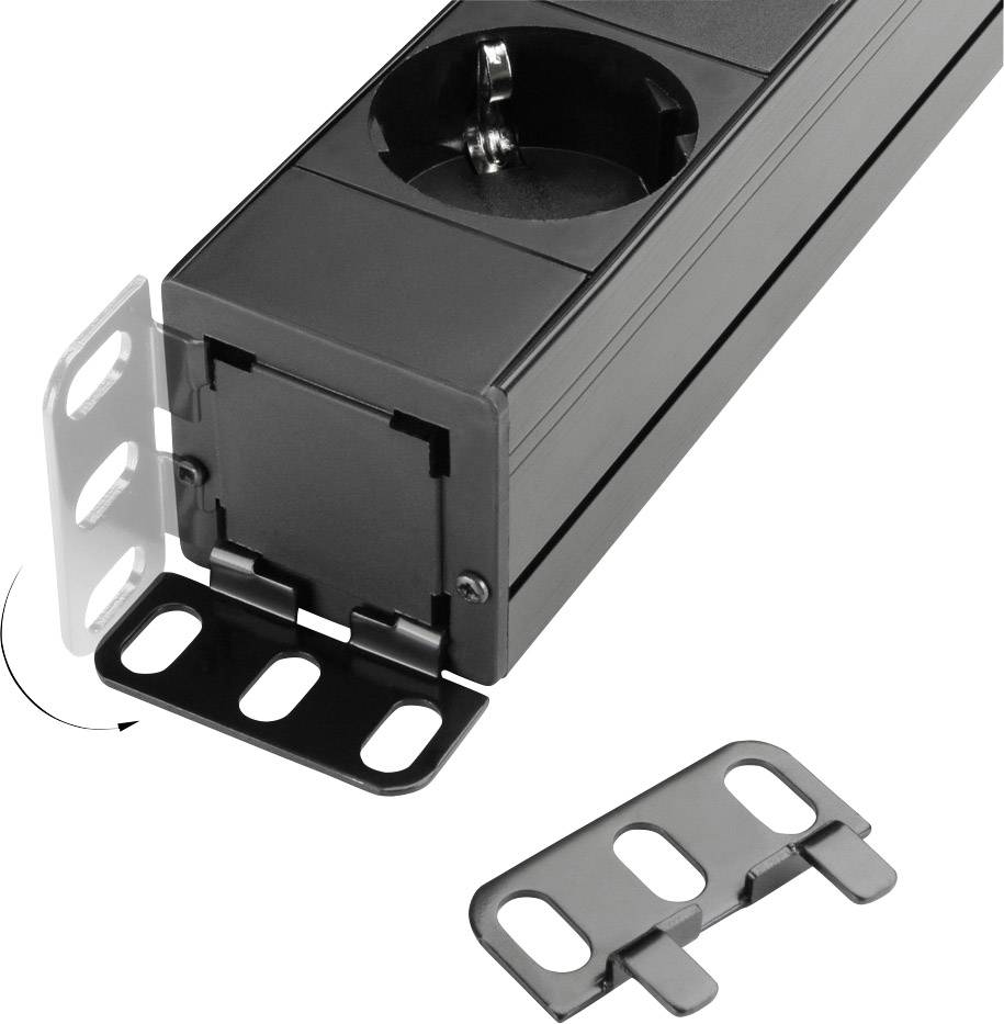 Ein schwarzes Steckdosenmodul mit integrierter Abdeckung ist teilweise geöffnet, zeigt eine einzelne Steckdose und montierte Endplatten.