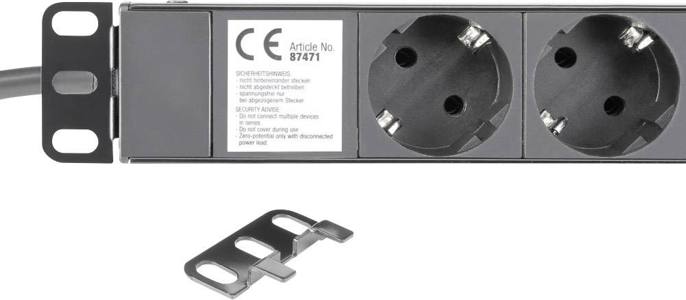 Ein schwarzer Steckdosenblock mit zwei Steckplätzen und einem Sicherheitsverschluss zur Sicherung der Stecker. Rechts liegt ein Metallclip.