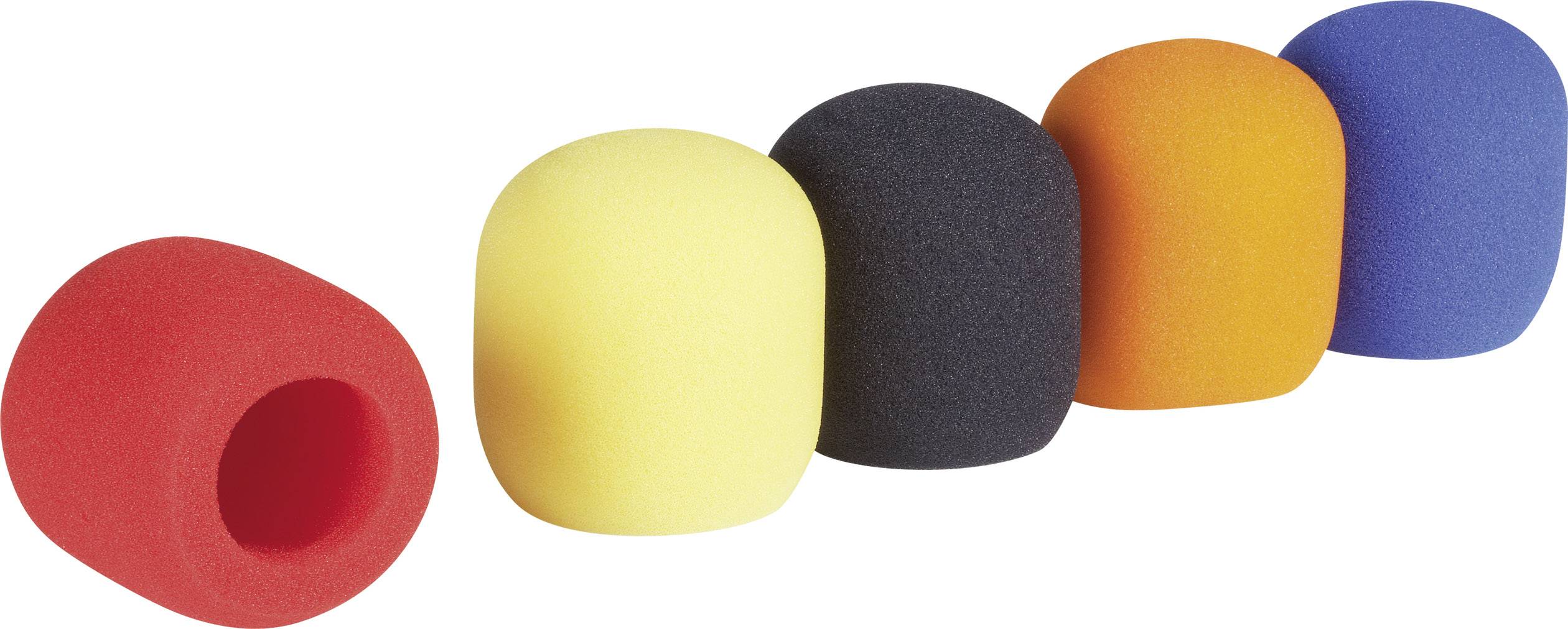 Fünf bunte Mikrofon-Windschutzaufsätze in Rot, Gelb, Schwarz, Blau und Orange, in einer Reihe angeordnet.