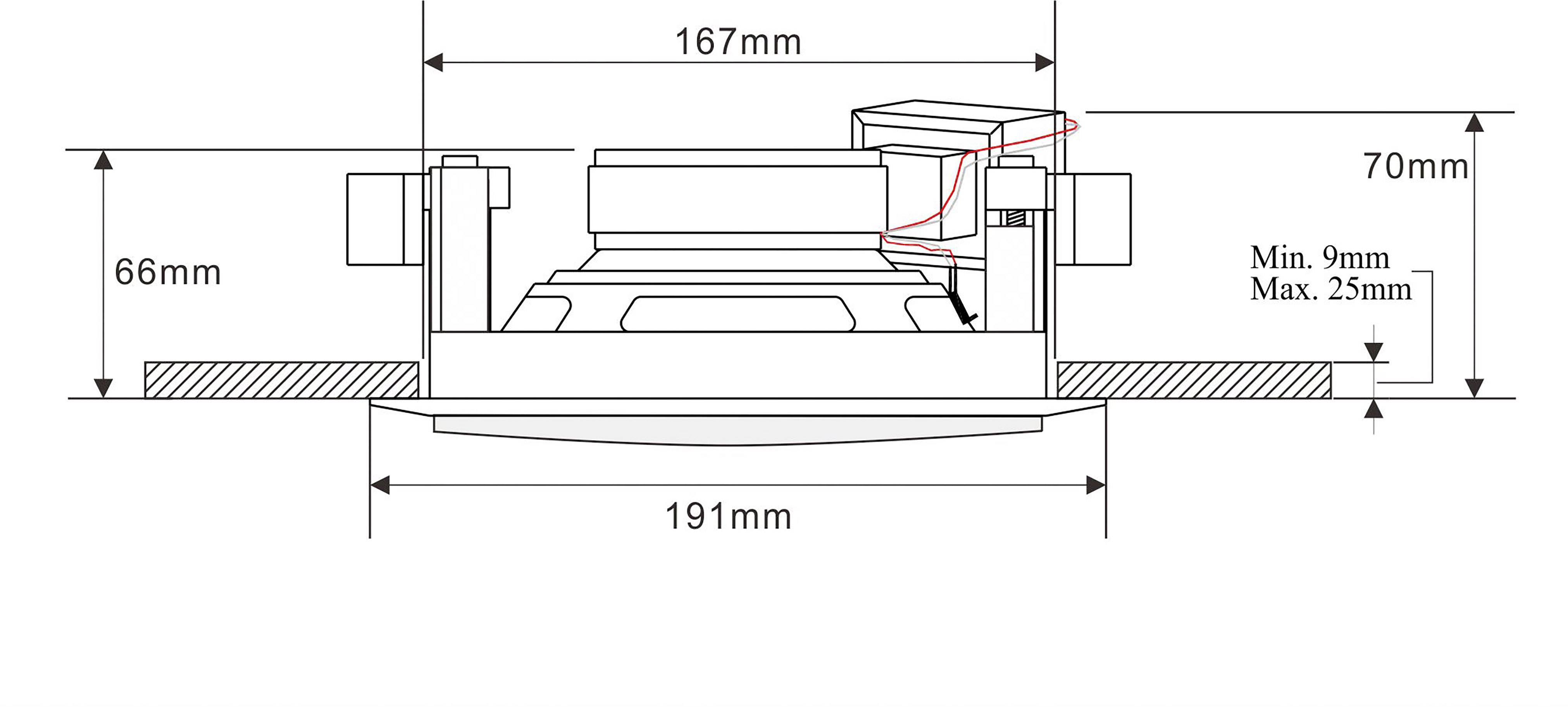 Technische Zeichnung eines Einbaulautsprechers: Breite 167mm, Höhe 66mm, Gesamtdurchmesser 191mm, Einbautiefe von 70mm.