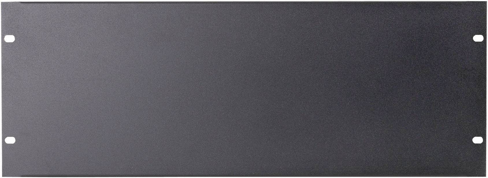 Rechteckige schwarze Metallplatte mit vier Bohrungen, zwei auf jeder Seite. Sie dient wahrscheinlich als Abdeckblende für technische Geräte.