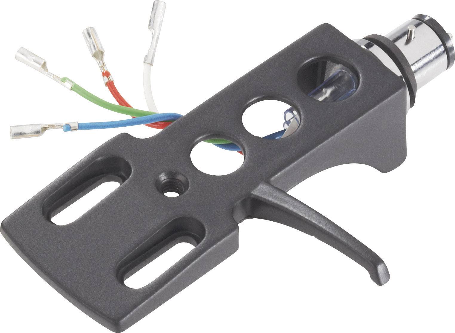 Halterung mit Kabeln für Plattenspielernadel, zeigt vier farbige Anschlusskabel und Metallstecker.