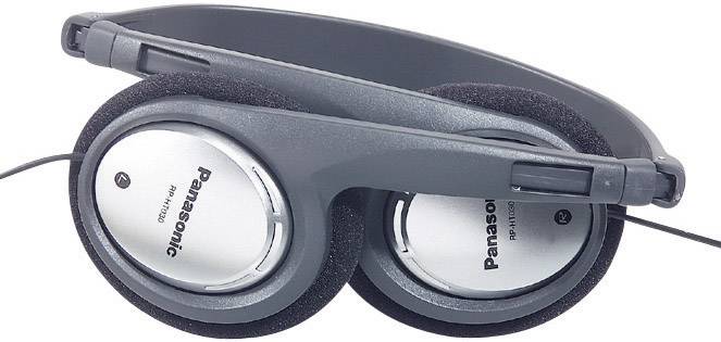 Graue Panasonic-Kopfhörer mit gepolsterten Ohrmuscheln, zusammengeklappt.