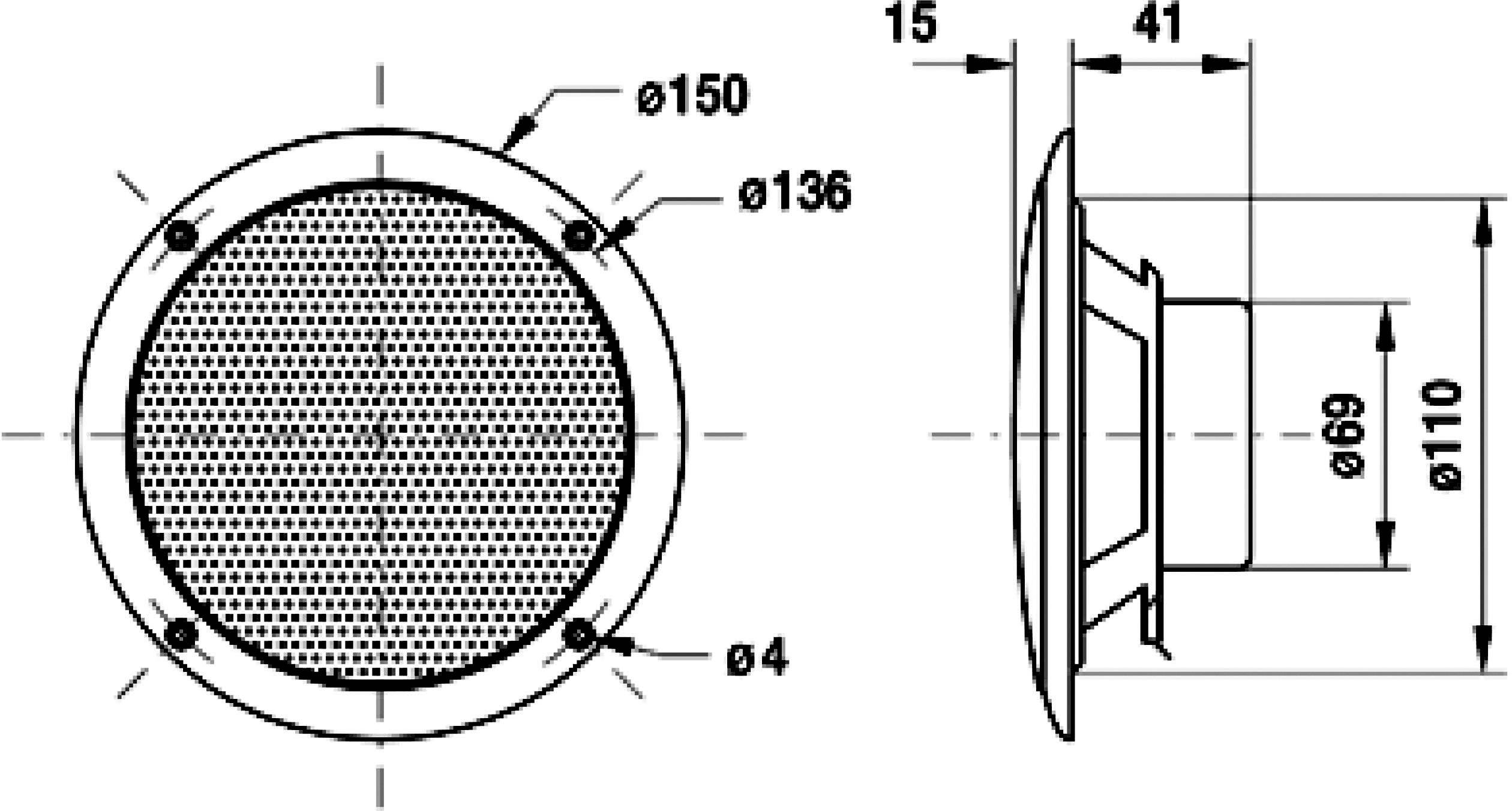 Technische Zeichnung eines runden Lautsprechergitters mit Abmessungen: Gesamtdurchmesser 150 mm, Zentralöffnung 69 mm, Tiefe 110 mm.