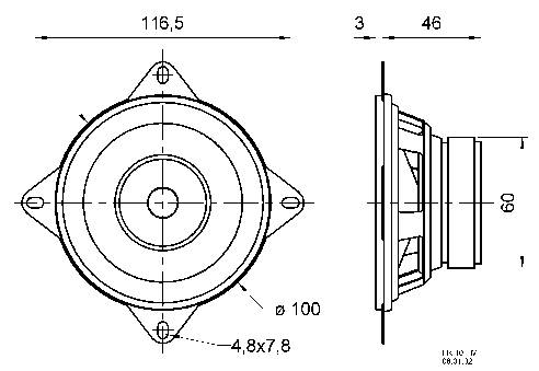Zeichnung eines Lautsprechers mit Abmessungen: Durchmesser 116,5 mm, Tiefe 60 mm, Befestigungslöcher 4,8x7,8 mm, Durchmesser 100 mm.