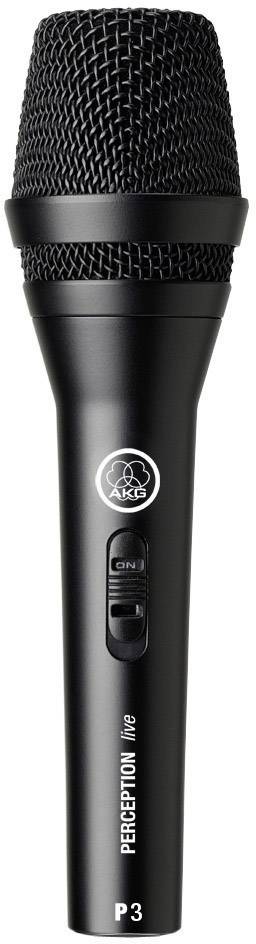 Ein schwarzes Handmikrofon mit der Aufschrift 'AKG' und 'Perception P3'. Es hat einen Schalter auf der Vorderseite.