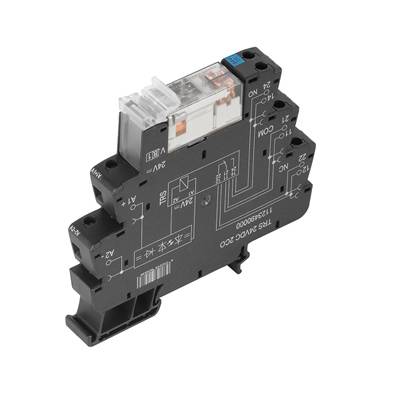 Schaltschütz in schwarzem Kunststoffgehäuse, seitlich mit verschiedenen elektrischen Anschlüssen und Schaltsymbolen bedruckt.