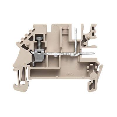 Klemmblock in hellbrauner Farbe mit Schraubverbindung und Metalleinsatz; dient der sicheren Befestigung und Verbindung von elektrischen Leitungen.