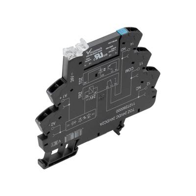 Ein modulares Relaismodul mit schwarzem Gehäuse und elektrischen Anschlüssen. Es enthält technische Beschriftungen und Symbole.