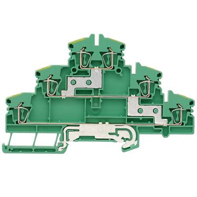 Grüner Reihenklemmenanschluss mit mehreren Metallkontakten. Verwendet in elektrischen Schaltungen zum Verbinden von Leitungen.