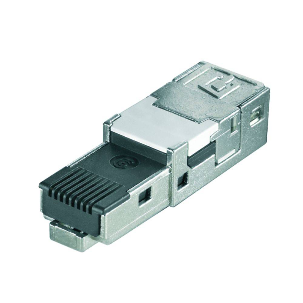 Ein RJ45-Stecker mit metallenem Gehäuse und Plastik-Überzug, geeignet für Netzwerkkabelverbindungen in IT- und Telekommunikationsanwendungen.