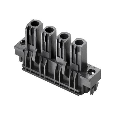 A black four-pole electrical connector with vertical sockets, suitable for electronic devices and wiring systems.