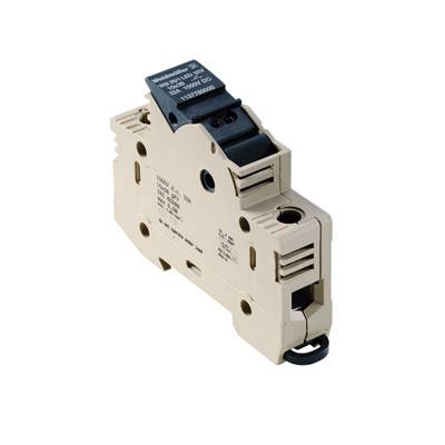 Ein beige Stromschutzschalter mit schwarzem Schalter oben, dargestellt in seitlicher Ansicht.
