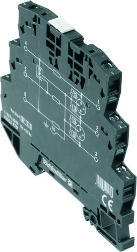 Schwarzes elektrisches Relaismodul mit mehreren Anschlüssen und Schaltschema auf der Oberfläche. CE-Kennzeichnung sichtbar.