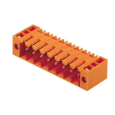 Ein orangefarbener Steckverbinder mit mehreren Anschlussklemmen. Geeignet für elektronische Schaltungen.