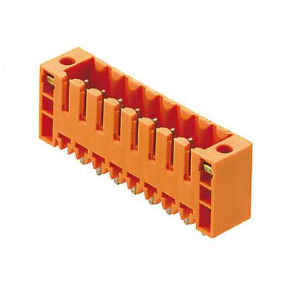 Ein orangefarbener Kunststoffstecker mit zehn Anschlussklemmen in einer Reihe; für Elektroverkabelungen verwendet.