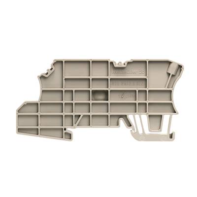 Grau-beige Kunststoffteil mit rechteckigem Rastermuster. An einer Seite befinden sich zwei erhabene Markierungen.
