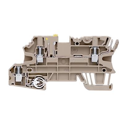 Eine beige Klemme für die Hutschienenmontage, mit zwei Anschlüssen oben und unten, passenden Schrauben und seitlichem Kabelkanal.