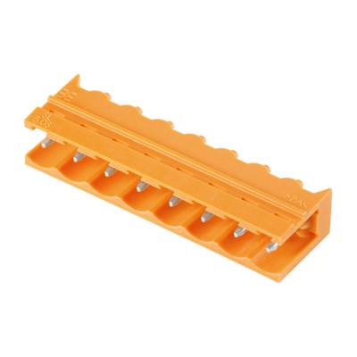 Ein orangefarbener elektrischer Steckverbinder mit mehreren Anschlüssen, der zur einfachen Verbindung von Kabeln verwendet wird.