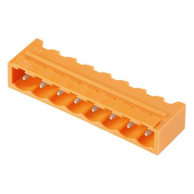Ein orangefarbener elektrischer Steckverbinder mit mehreren Steckplätzen, geeignet für die Verbindung von isolierten Kabeln.