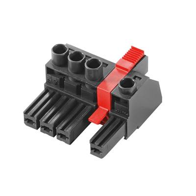 Schwarze und rote Steckklemme mit mehreren Anschlüssen, geeignet für elektrische Verbindungen und Verkabelungen.